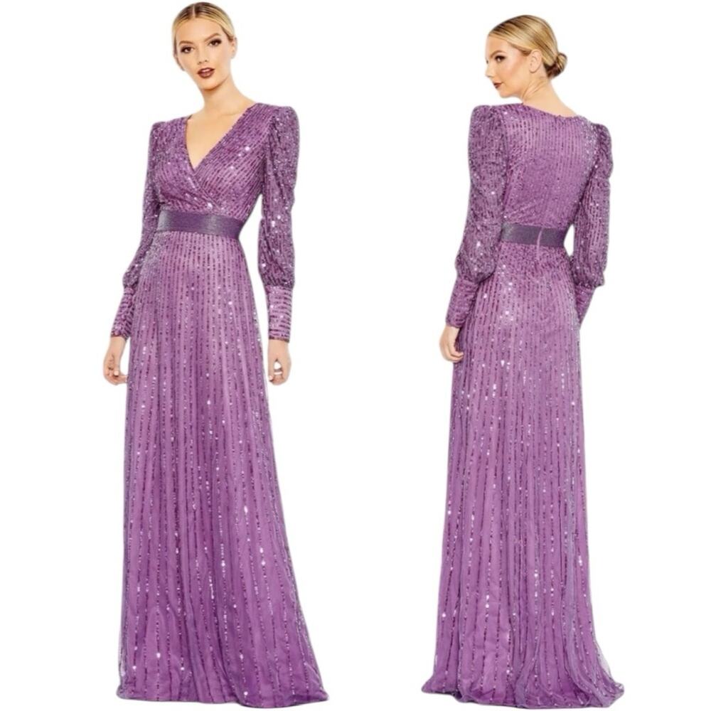 Mac Duggal Sequined Wrap Over Bishop Sleeve Gown Mauve Size 12 Style 5720 NWT
